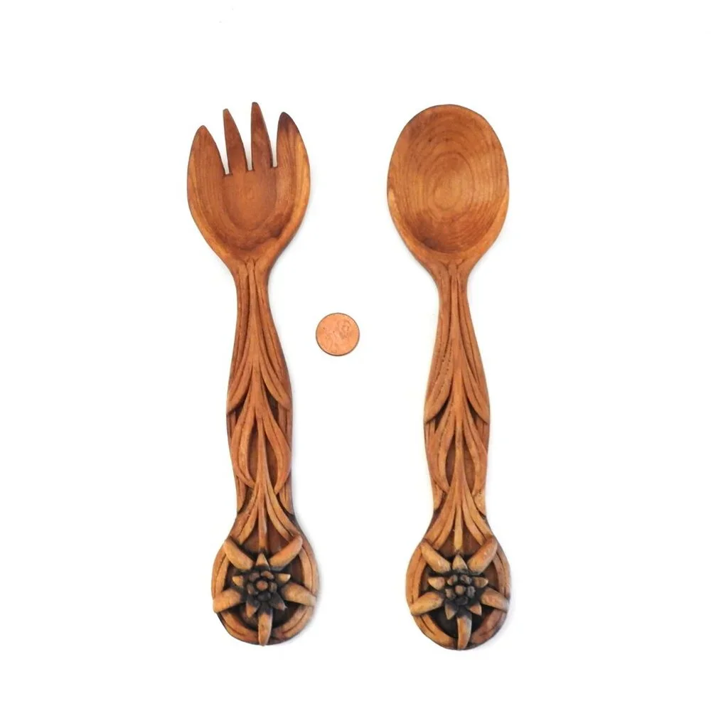 Vintage Hand-carved Wooden Salad Set Spoon Fork Welsh Floral Design